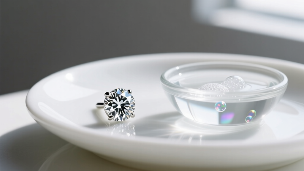 Close-up of a sparkling round brilliant diamond stud earring resting on a white ceramic dish next to a small bowl of soapy water.