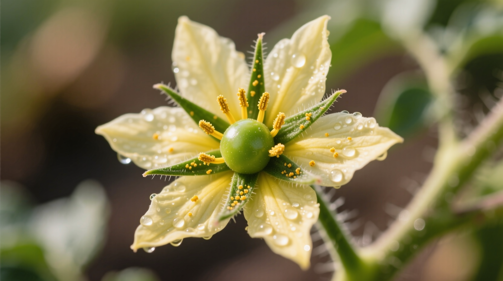 Close-up of Solanum lycopersicum flower and developing fruit