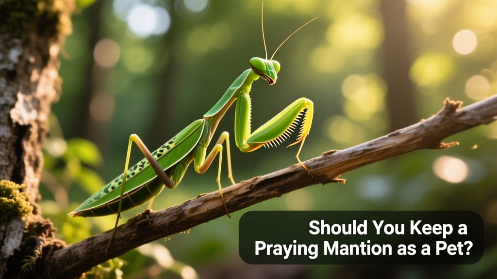 Close-up of a praying mantis perched on a twig, showing its distinctive folded forelegs and camouflaged body