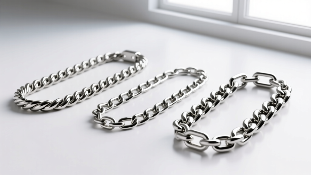 Three stainless steel chain styles including rope, curb, and box chains laid flat to highlight their varying link thicknesses