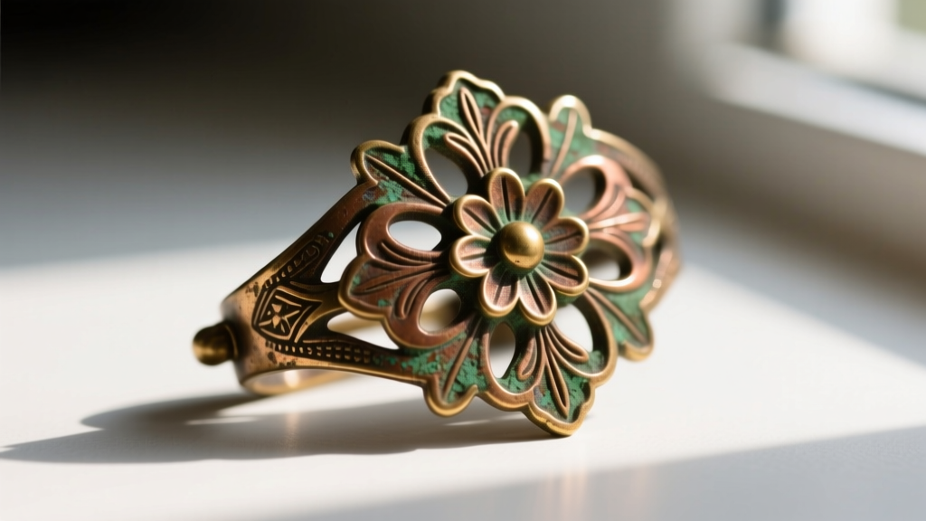 Macro photography of a tarnished cast brass jewelry clasp showing intricate floral bohemian motifs and natural oxidation patina