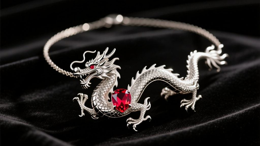 Sterling silver dragon-themed necklace with a red rhodolite garnet gemstone resting on dark velvet under warm, dramatic lighting.