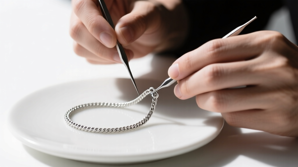 Close-up of a jeweler using two fine needles to untangle a delicate sterling silver cable chain on a smooth white ceramic surface