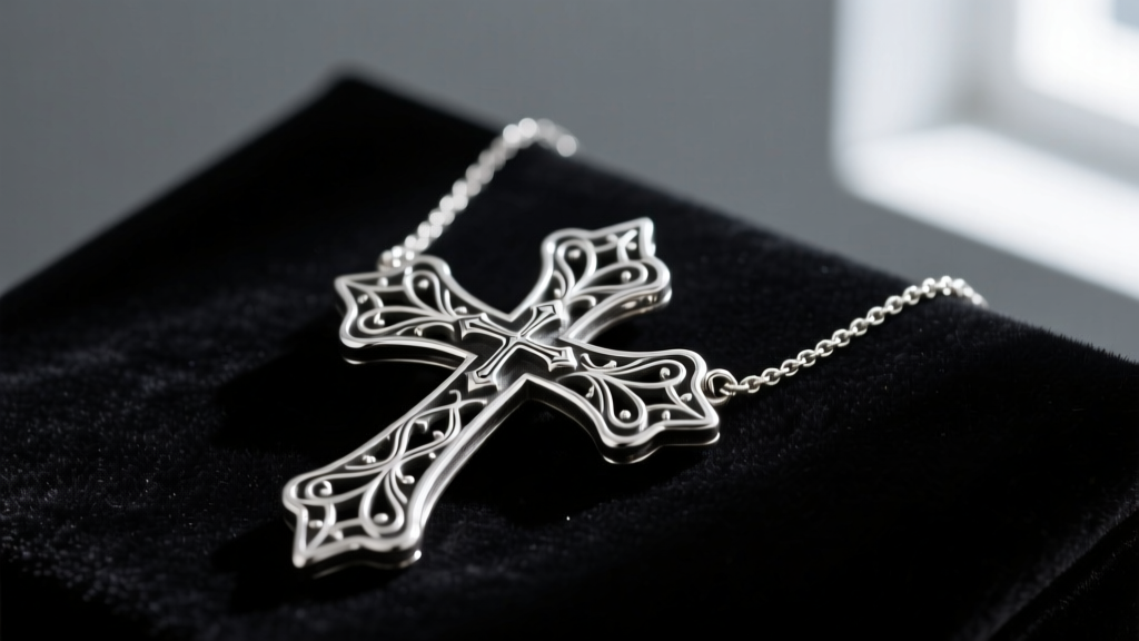 Ornate 925 sterling silver statement cross necklace on dark velvet, showing intricate gothic filigree and oxidized metal detailing