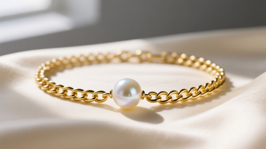Close-up of a 14k yellow gold cable chain with a single luminous white Akoya pearl pendant resting on cream silk fabric.
