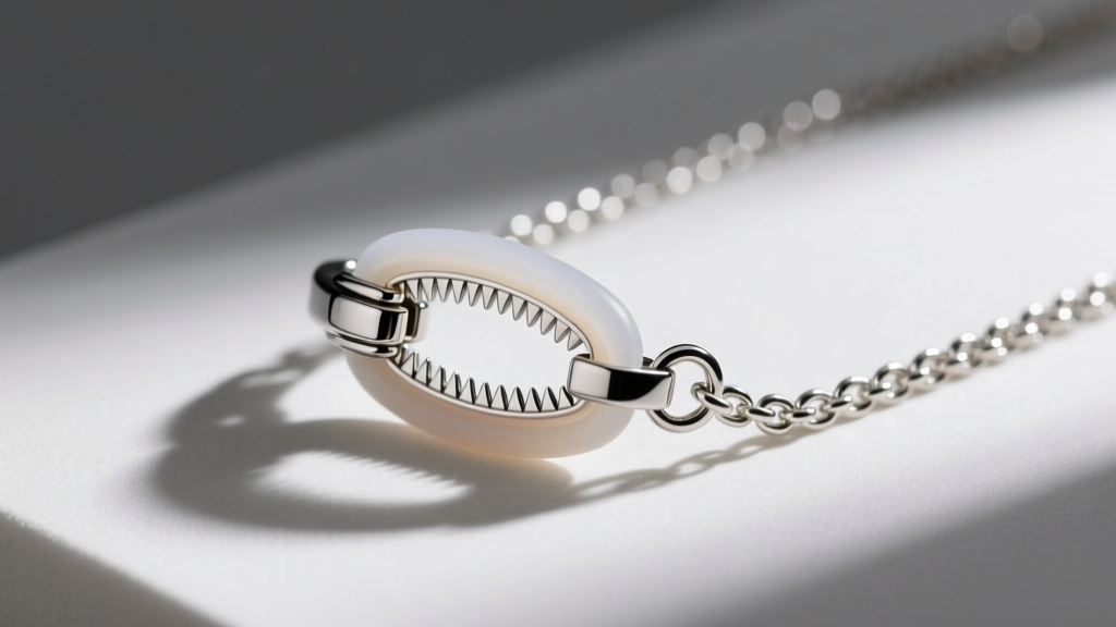 Macro shot on a jewelry bench of a disassembled silicone-lined metal friction clasp from a sterling silver pull chain necklace.