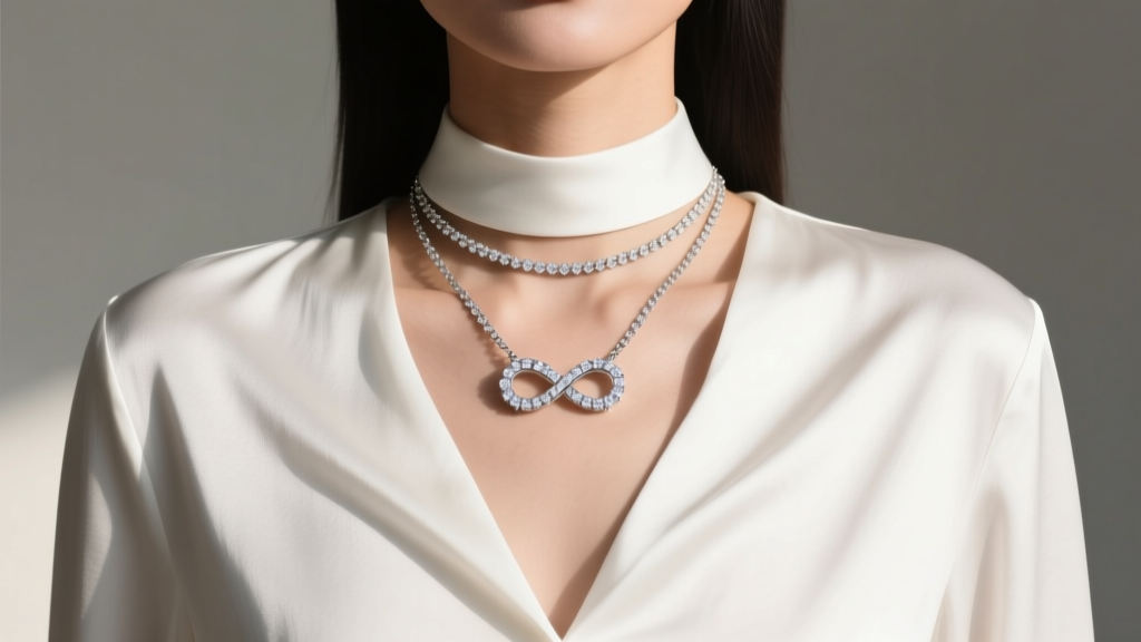 Woman wearing a layered stack with a 16-inch choker and an 18-inch diamond infinity pendant over a crisp white silk blouse.