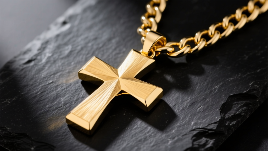 Heavy 14k yellow gold chunky cross pendant on dark slate, showing its brushed finish and thick 4mm Cuban link chain in soft light.