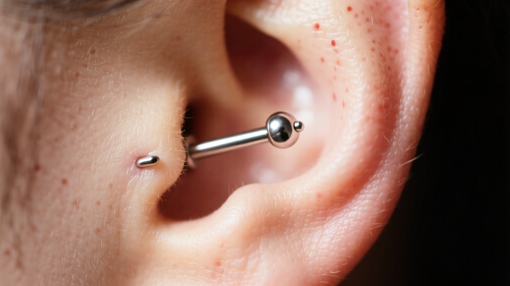 Macro shot of a healing earlobe piercing with a smooth 316L surgical steel labret stud, showing healthy skin without any redness