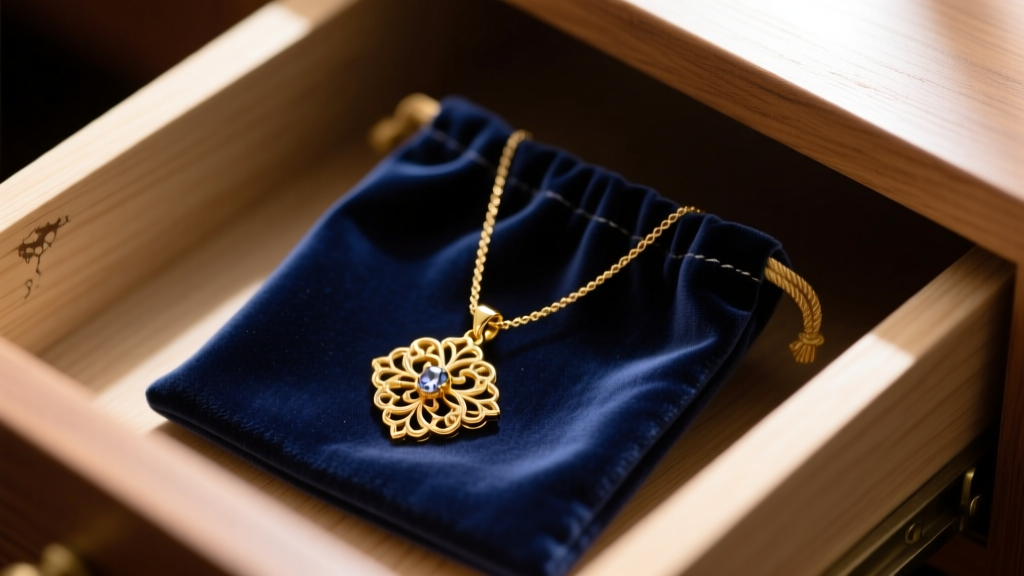 A 24k gold pendant necklace stored flat in a navy velvet pouch inside a drawer, demonstrating proper anti-scratch storage methods.