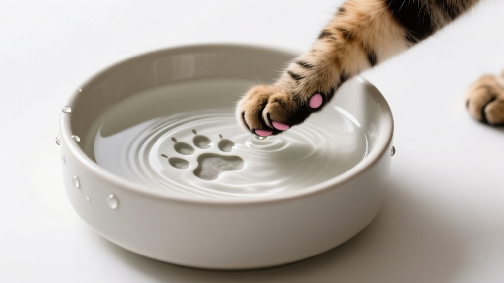 Cat Paw Touching Water Bowl Before Drinking