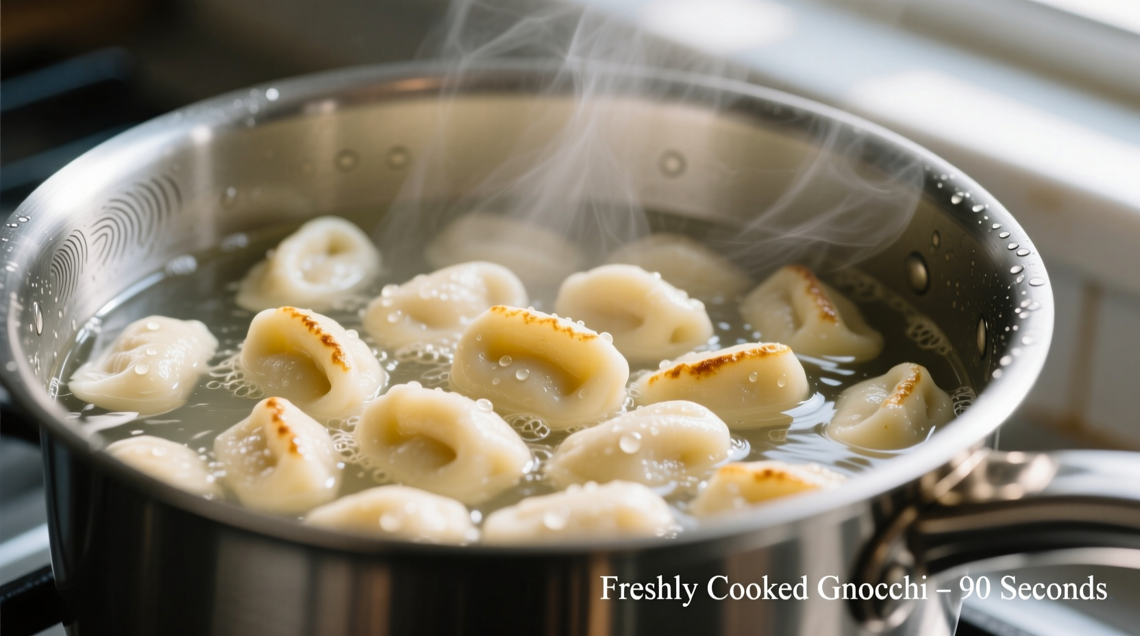 Freshly cooked gnocchi floating in boiling water