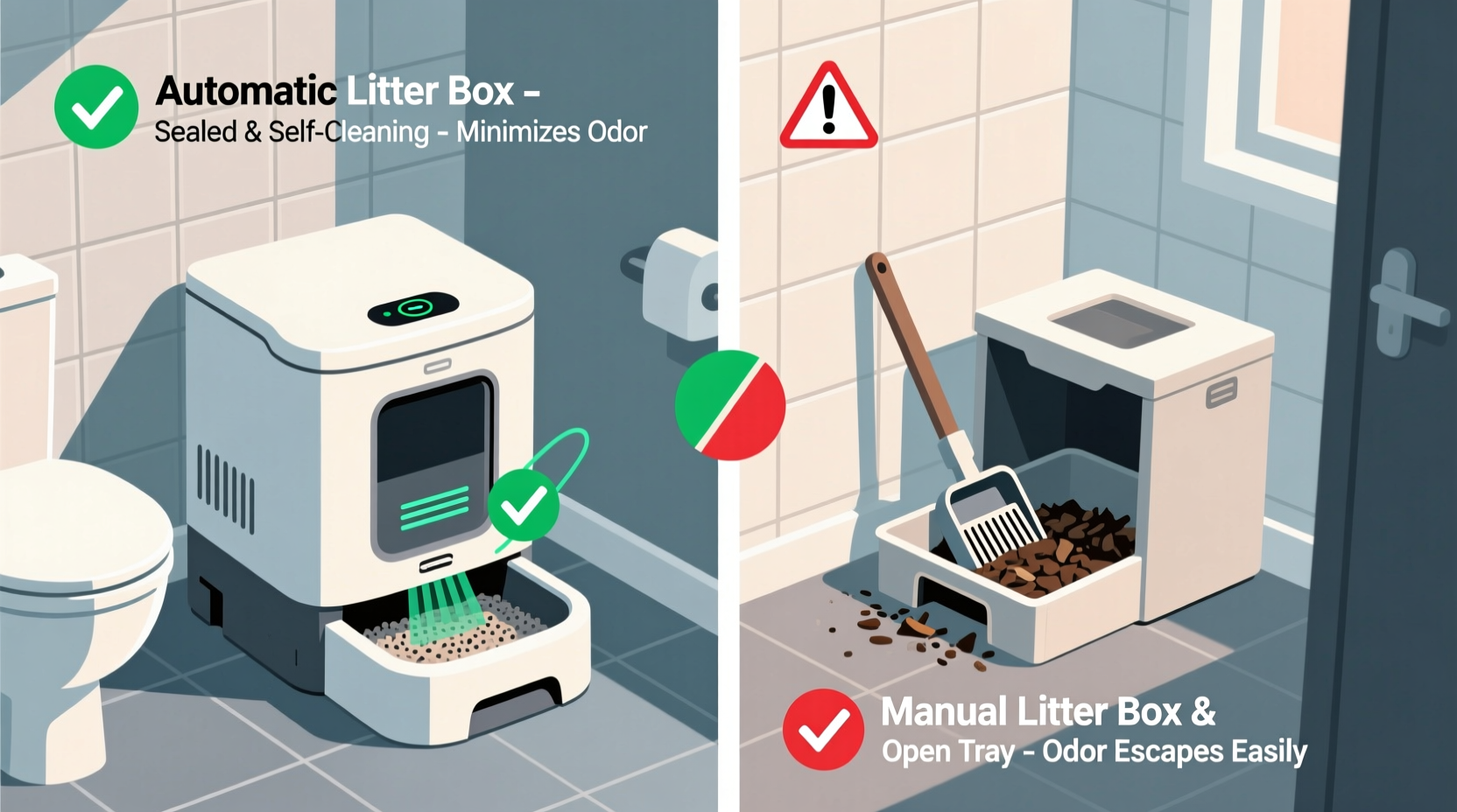automatic litter box vs manual which reduces odor in small spaces