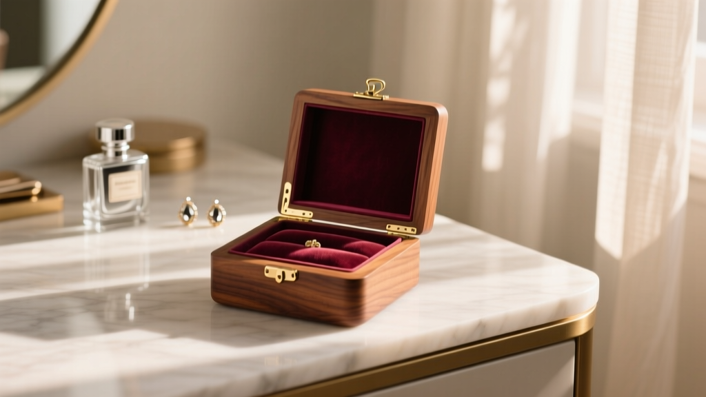 Close-up of an open small walnut wood jewelry box with a velvet interior, resting on a vanity table with soft morning sunlight.