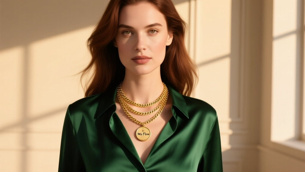 Woman wearing a layered Mia Fiore initial coin necklace with a gold herringbone chain over a dark green silk blouse in warm light