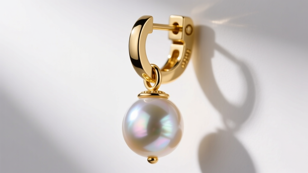Extreme close-up of a 20-gauge 18k yellow gold leverback earring clasp mechanism securing a heavy South Sea pearl dangle drop.