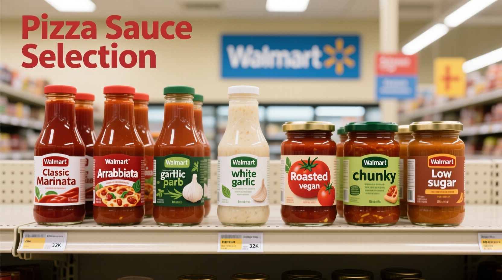 Pizza sauce options arranged on Walmart shelf