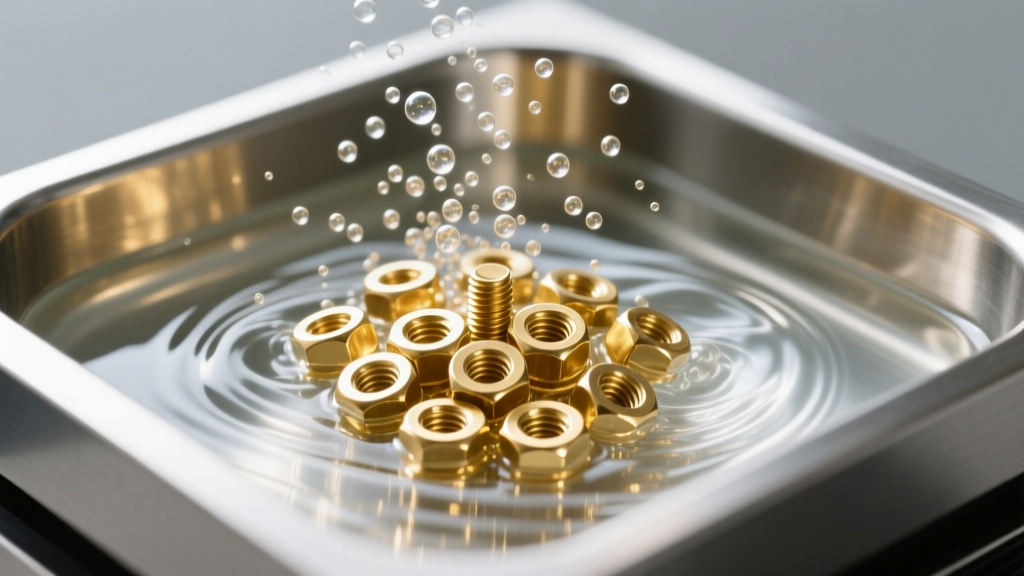Ultrasonic cleaner vibrating with bubbles around 14k gold screw-back nuts submerged in clear fluid inside a compact steel tank.