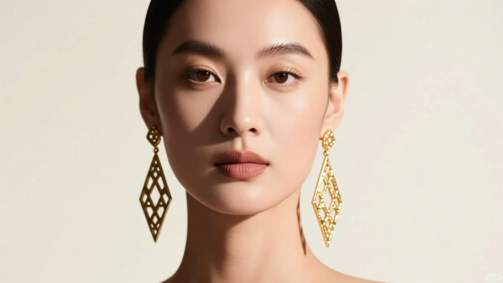 Model wearing lightweight 18-karat gold long dangly earrings with geometric cutouts, soft studio lighting highlighting her jawline