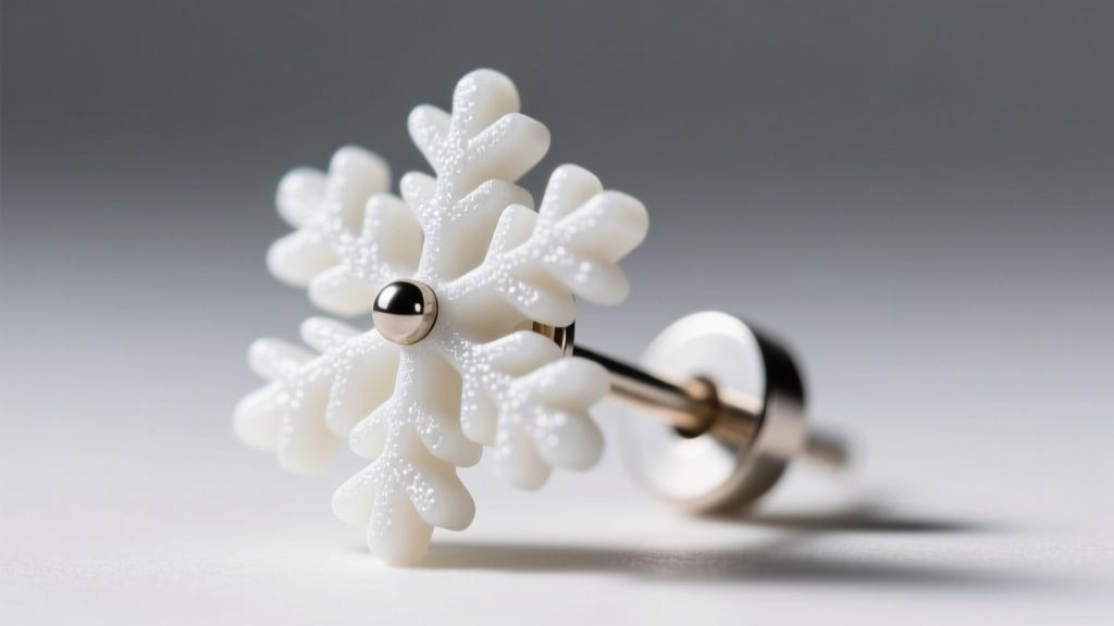 Extreme close-up of a 20-gauge titanium earring post embedded in the back of a cured white polymer clay snowflake stud earring.
