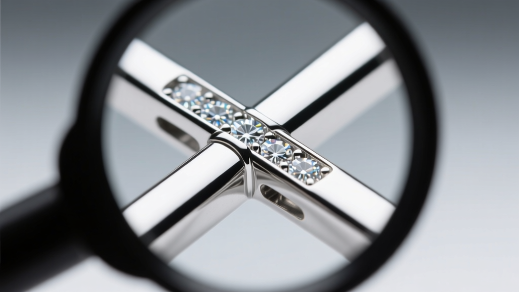 Jeweler loupe view of a platinum sideways cross arm joint, revealing laser-welded reinforcement at the horizontal stress point.