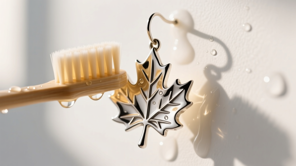 Soft-bristled toothbrush gently cleaning intricate crevices of a sterling silver maple leaf earring in warm soapy water.