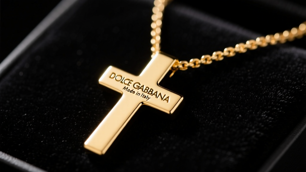 Close-up of an authentic gold-plated Dolce Gabbana cross necklace on black velvet, highlighting the deep-stamped Made in Italy tag.