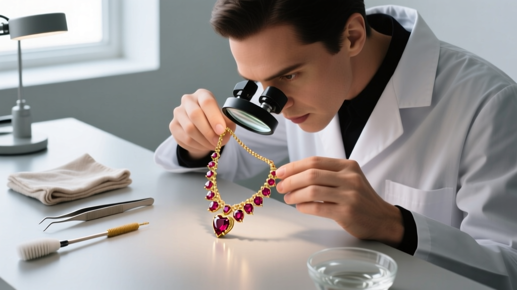 A jeweler using a loupe to inspect the prong settings of an 18k gold ruby heart necklace, with specialized cleaning tools nearby