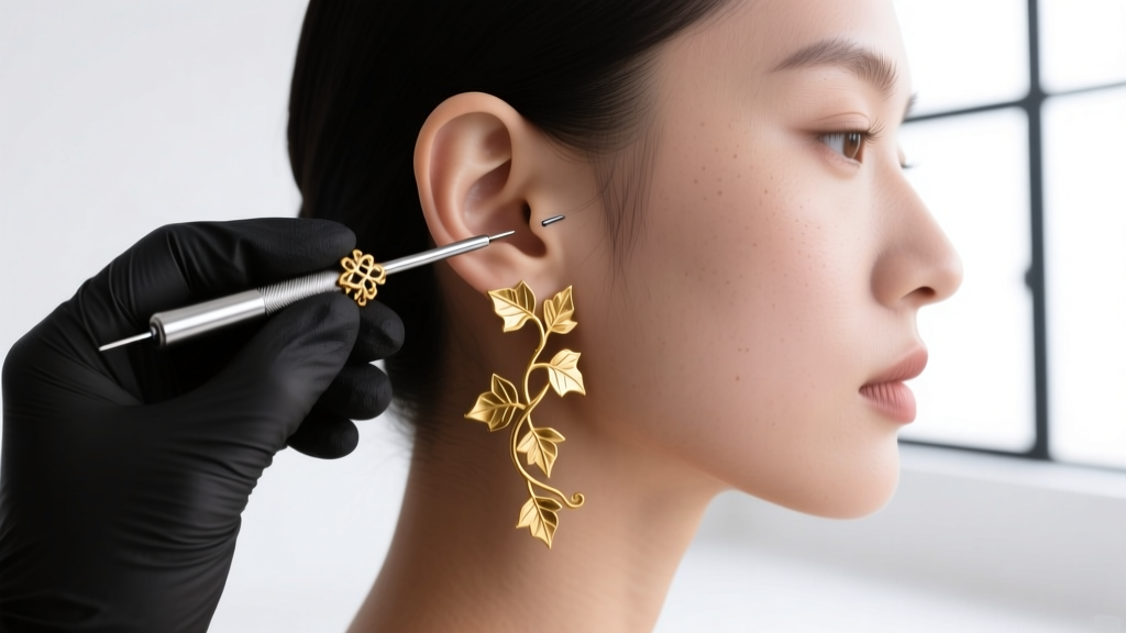 Side profile of a piercer inserting a titanium post with an 18k gold ivy cluster end into a client's healed conch piercing