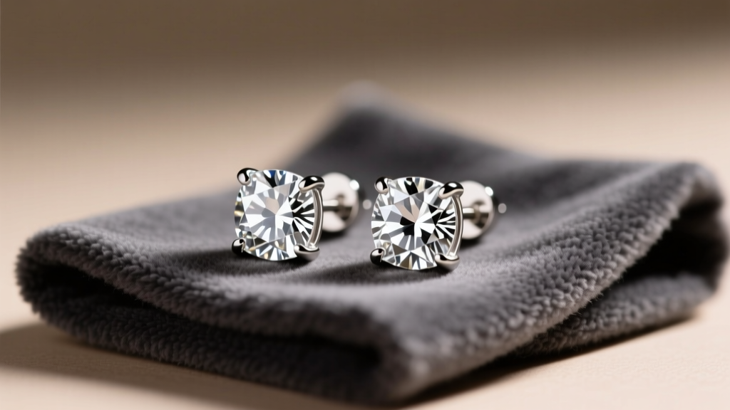 Close-up of 925 sterling silver CZ stud earrings resting on a dark grey microfiber cleaning cloth under soft, warm studio lighting
