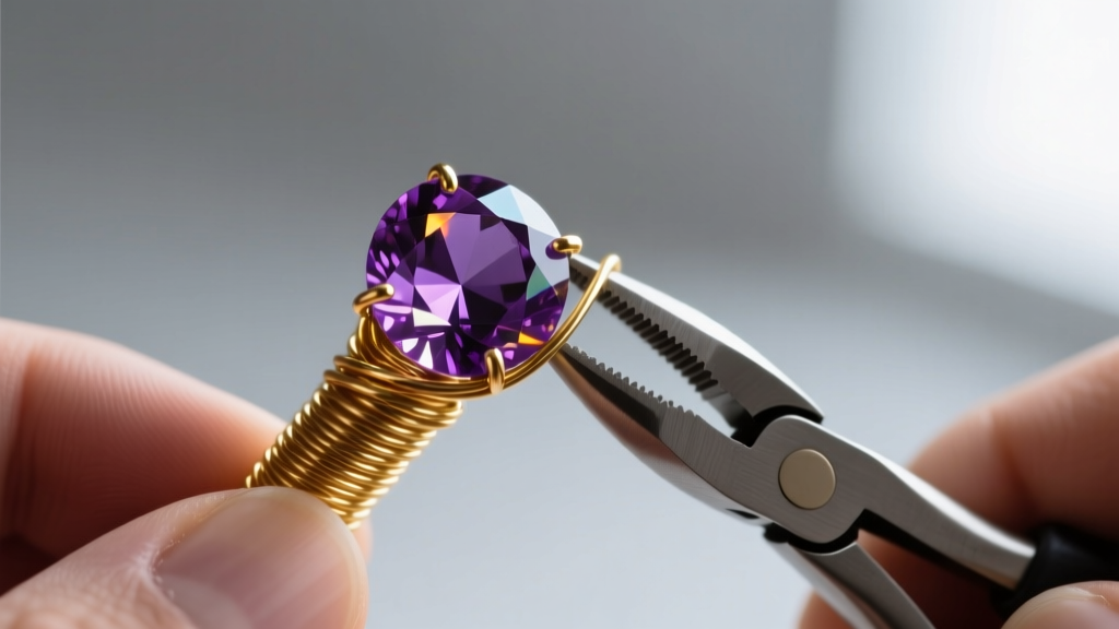 Macro shot of hands using chain-nose pliers to wrap 24-gauge gold wire tightly around the top of a faceted amethyst briolette bead