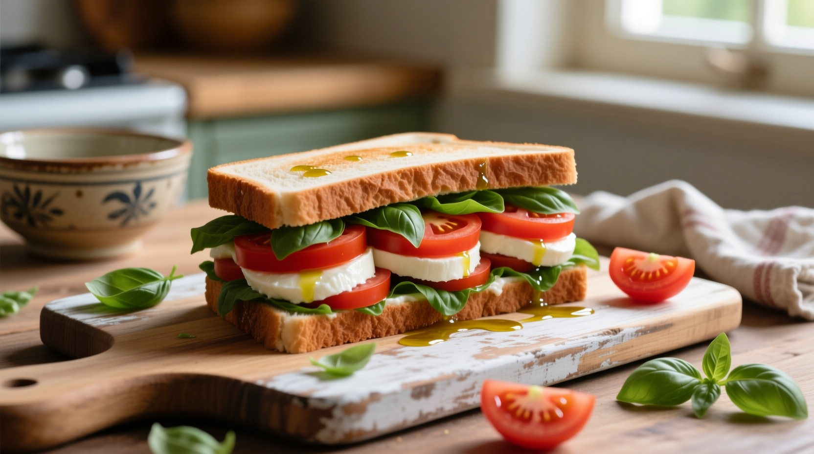 Fresh Caprese sandwich with tomato slices and basil