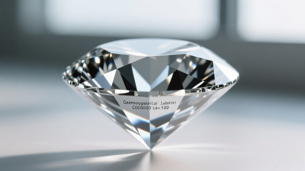 Macro photo of a polished diamond girdle revealing a microscopic laser inscription of a gemological laboratory certification code.