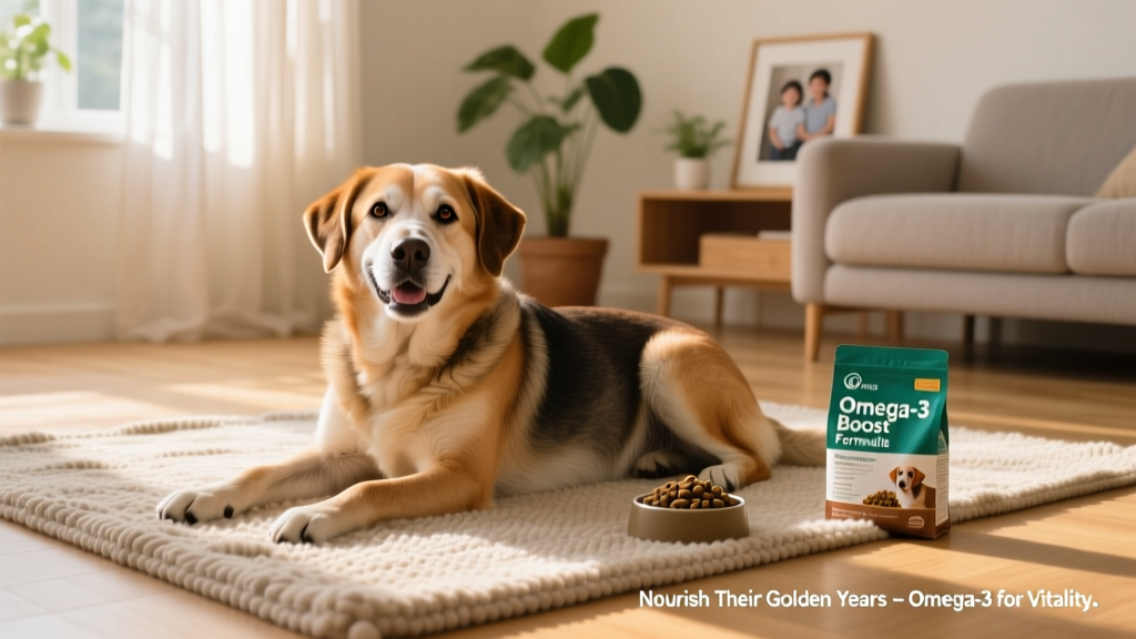 Happy senior dog lying on a rug, with visibly soft, glossy fur and bright eyes