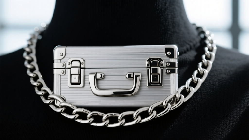 Macro photography of a heavy-duty stainless steel box clasp with dual safety catches attached to a thick 12mm curb chain necklace.