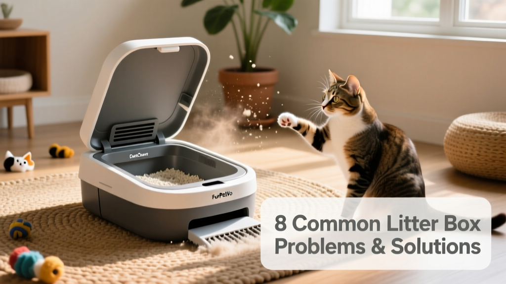 FurPetVo AutoClean litter box in action—lid open, clean tray visible, with a cat observing nearby