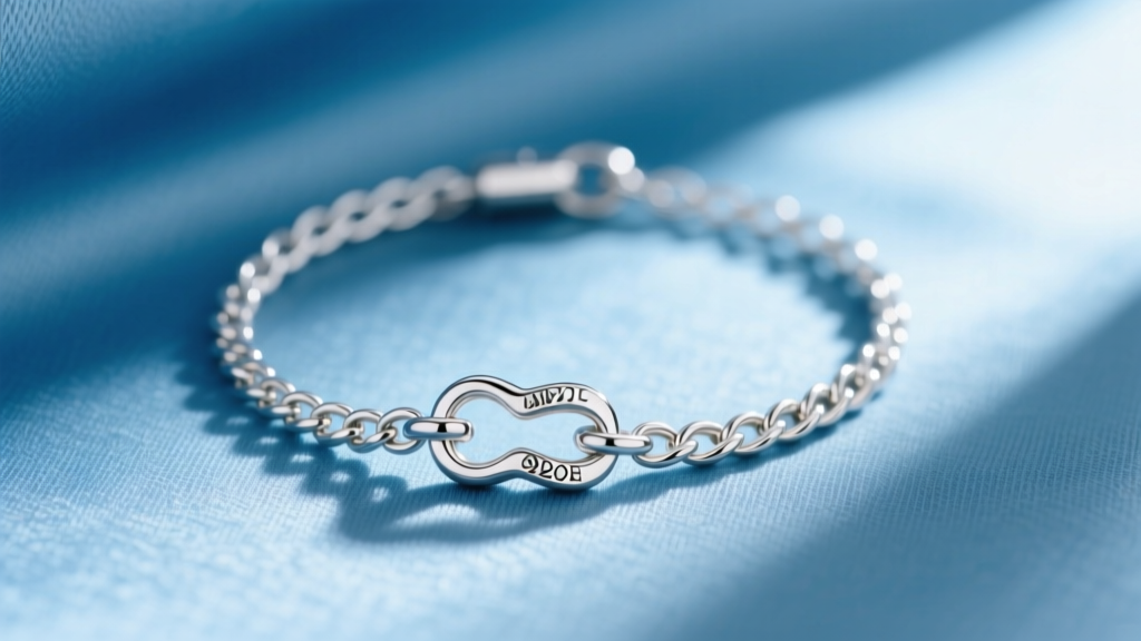 Macro shot of a 925 sterling silver childrens cable chain necklace with a lobster clasp resting on a soft blue fabric background.
