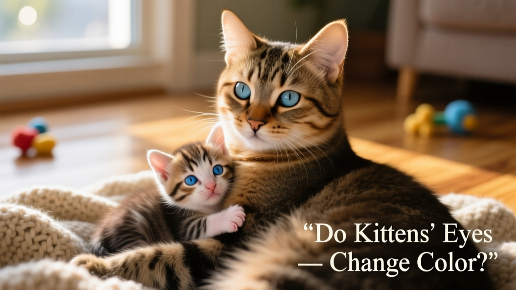 Newborn kitten with partially opened eyes, resting near its mother
