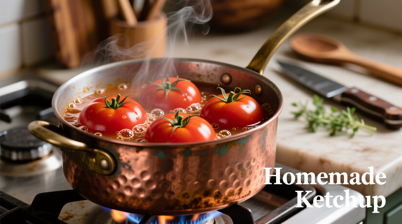 Fresh tomatoes being simmered in copper pot for ketchup