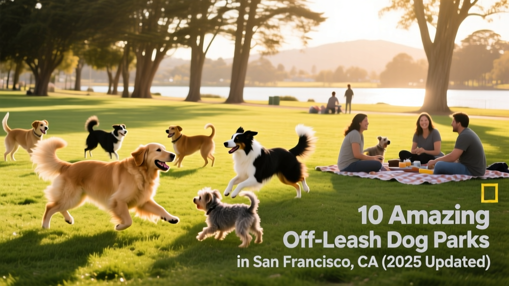 A sunny, grassy off-leash area at Pine Lake Dog Park with dogs playing and shade trees along the perimeter