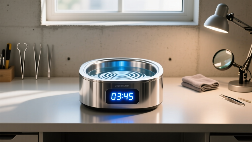 Stainless steel professional ultrasonic jewelry cleaner tank with glowing blue digital timer on a modern jeweler workbench