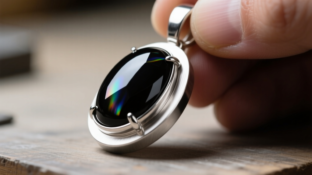 Side profile of a black onyx cabochon stone being set into a sterling silver bezel pendant tray under bright jeweler's lighting.