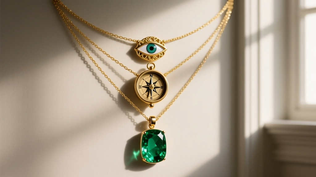 Layered 14k gold neck stack with an evil eye, compass, and raw emerald pendant, photographed in soft natural window light.
