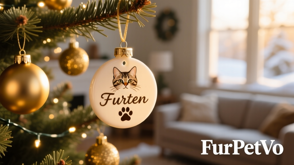 A close-up of a FurPetVo-branded personalized ornament hanging on a decorated tree, showing a kitten's name and paw print
