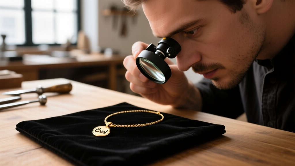 Jeweler inspecting the stamped hallmark on a Casal necklace clasp using a loupe over a black velvet pad in a well-lit workshop.