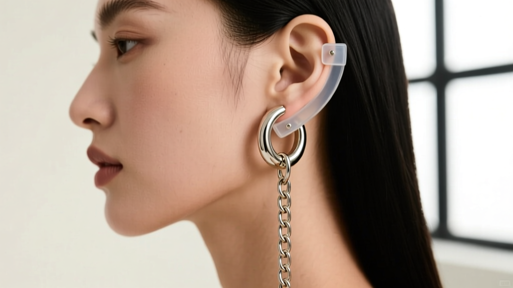 Side profile of a heavy earring with chain and cuff pulling on the earlobe, stabilized by a clear silicone earring backing