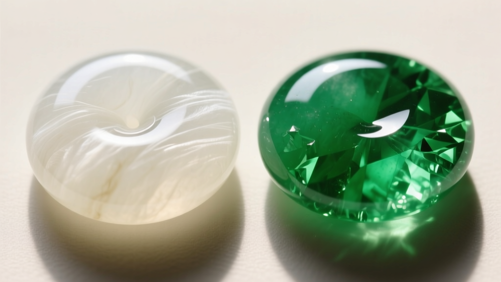 Macro comparison of creamy white nephrite and vivid green jadeite cabochons, highlighting differences in luster and structure.