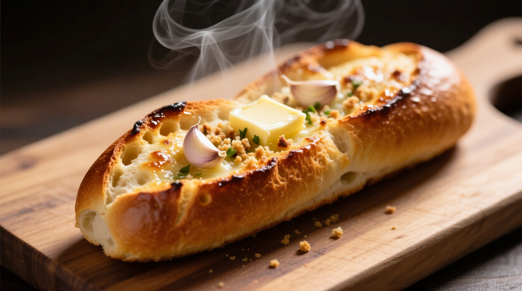 Perfectly reheated garlic bread with golden crust