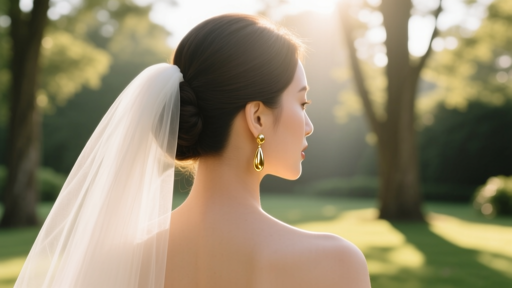 Back view of bridal updo with tulle veil, showing smooth gold drop earrings avoiding snags, bright natural outdoor daylight.