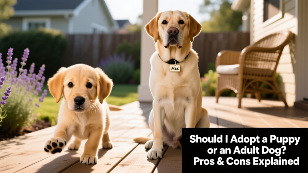 Side-by-side comparison: a playful 8-week-old puppy and a calm, well-mannered adult dog sitting beside each other